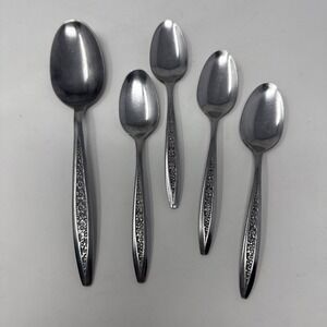 VTG MCM Custom Craft Stainless Petal Lane Flatware 1 Serving Spoon 4 Teaspoons